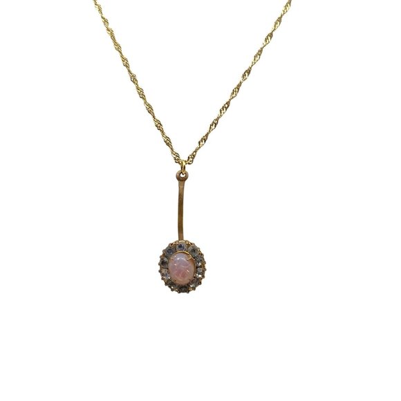 Vintage Gold Tone Chain Necklace with Glass Opal Crystal Halo Drop Pendant - Picture 3 of 5